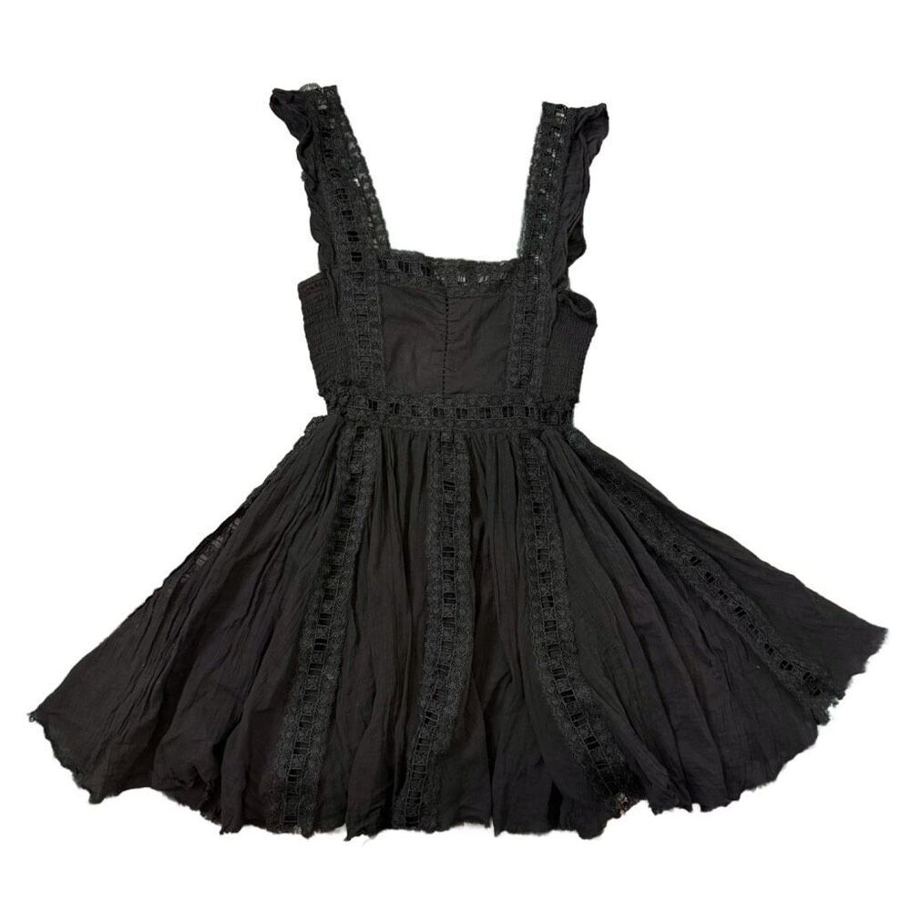 Free People Dress XS Verona Lace Trim Mini Black Square Neck Flare Gauzy Cotton - Picture 2 of 16